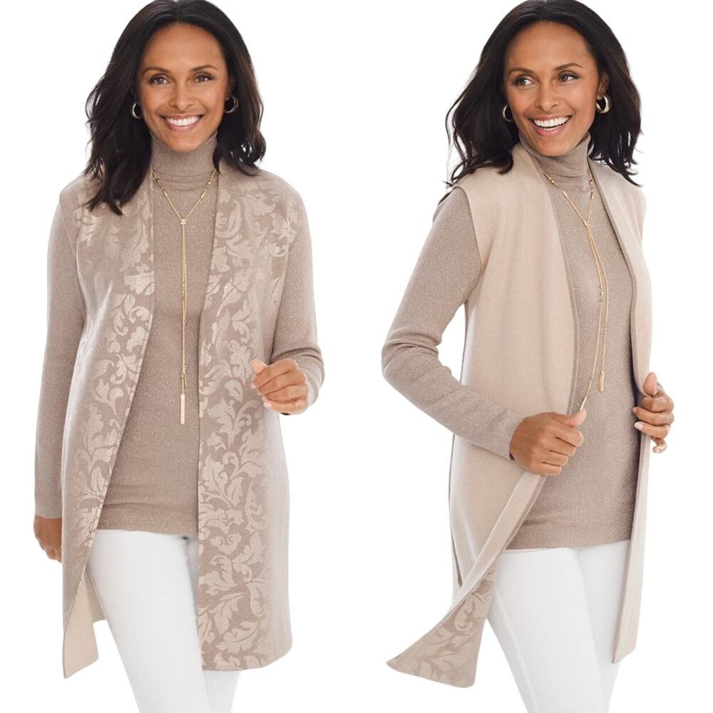 Chicos Longline Reversible Sleeveless Open Front Cardigan Size 3 US 16/18 NEW